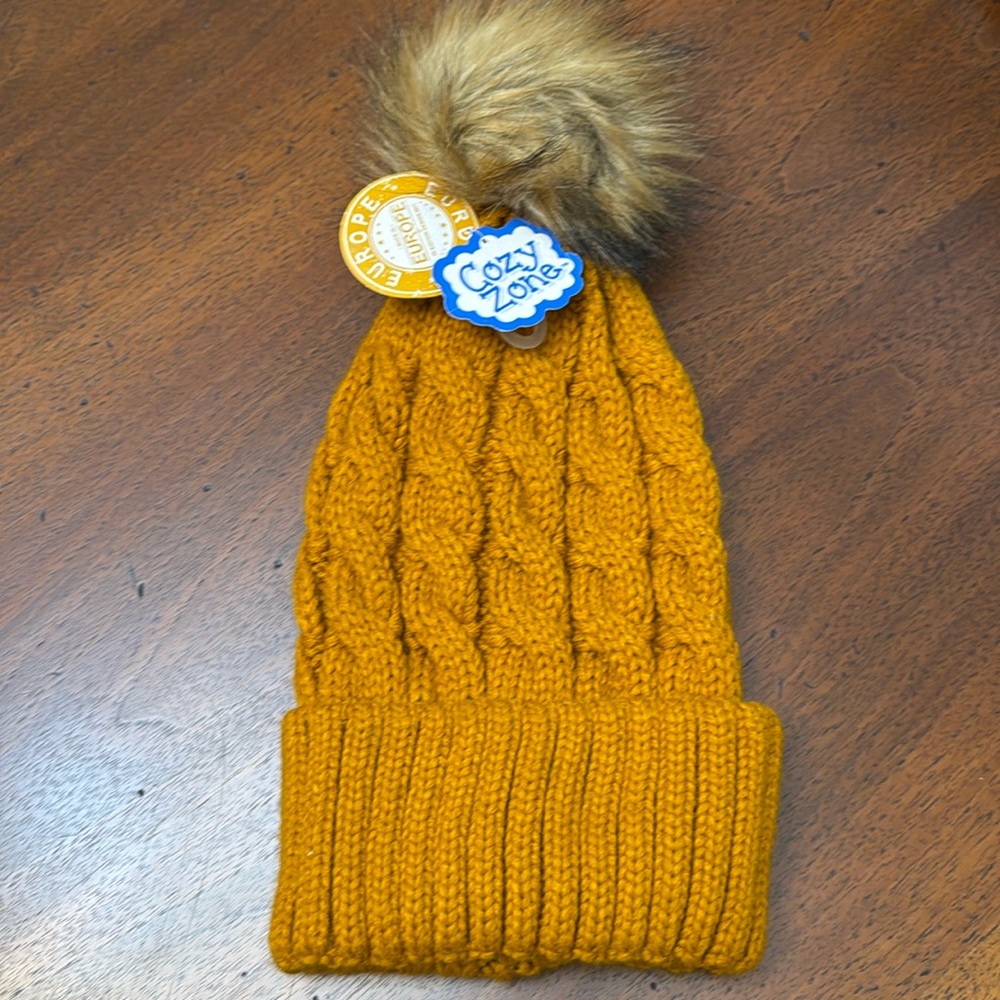 Faux Fur Ball Beanie Yellow Musturd Winter Beanie Accessory New With Tags Hat